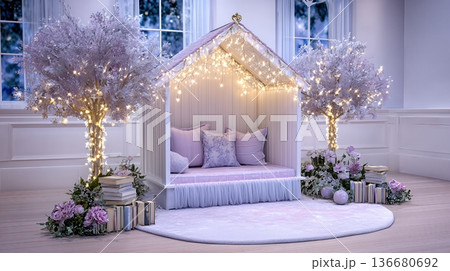 Booknook Wonderland With Cozy Seating and Decorative Trees in a Bright Room 136680692