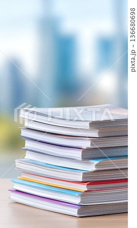 Stack of Magazines Sits on a Table With a Blurred City View in the Background During Daytime 136680698