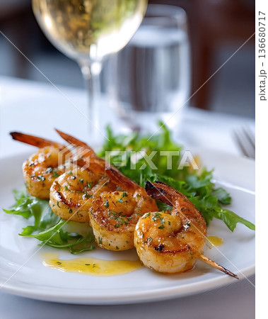 Explore Unique Flavors With Grilled Shrimp and White Wine in a Fine Dining Setting 136680717