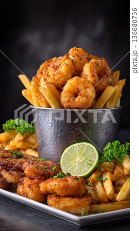 Seafood Display With Shrimp, Fries, and Lime in Caribbean Style at an Event Setting 136680736