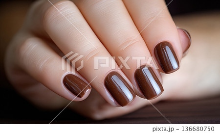 Chocolate Nails Shine in Neat Arrangement on a Hand Close to a Wooden Table Surface 136680750
