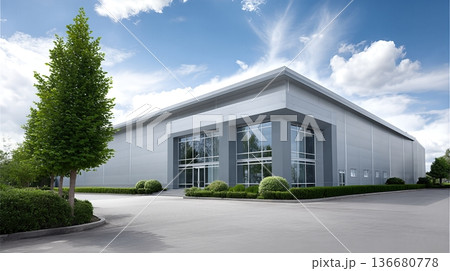 Modern Logistics Facility Under a Blue Sky With Clouds in a Tidy Urban Area Modern Logistics Facility Under a Blue Sky With Clouds in a Tidy Urban Area 136680778