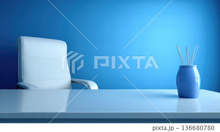 Clean Office Setting With a Desk and Chair Against a Blue Wall in the Workplace 136680780
