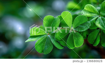 Closeup View of Fresh Green Clover Leaves in Natural Light in a Garden During Spring Season 136680828