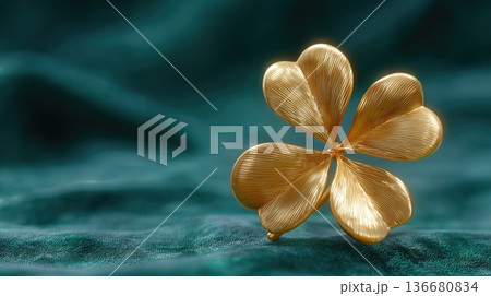 Golden Shamrock Ornament Rotates on Deep Green Fabric With Soft Light in the Background Golden Shamrock Ornament Rotates on Deep Green Fabric With Soft Light in the Background 136680834
