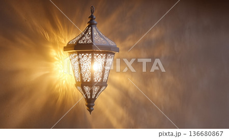 Illuminated Traditional Lantern Casting Intricate Light Patterns at Night Illuminated Traditional Lantern Casting Intricate Light Patterns at Night 136680867
