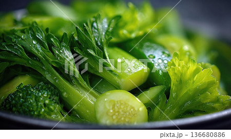 Fresh Vegetables Are Being Washed and Cut for Preparation in a Kitchen Setting Fresh Vegetables Are Being Washed and Cut for Preparation in a Kitchen Setting 136680886