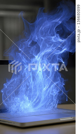 A Laptop is Experiencing Burnout as Blue Flames and Steam Rise From Its Keyboard 136680899