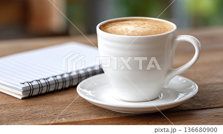Coffee Sits Next to an Empty Notebook on a Wooden Table in a Casual Setting During the Day Coffee Sits Next to an Empty Notebook on a Wooden Table in a Casual Setting During the Day 136680900