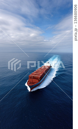 Container Ship Sails Across Open Ocean Under Cloudy Sky With Wake Trailing Behind 136680906