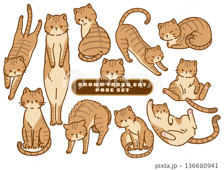 茶トラ猫の可愛いポーズと表情のイラスト12種類セット 136680941