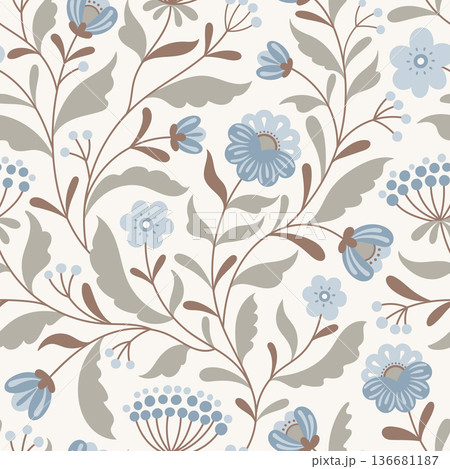 Seamless floral folk pattern with blue flowers and branches in soft pastel colors 136681187