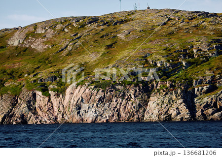 the coast of the Barents Sea at sunny weather, the rocky shore with colourful arctic carpet of moss, yagel, Tundra at autumn the coast of the Barents Sea at sunny weather, the rocky shore with colourful arctic carpet of moss, yagel, Tundra at autumn 136681206