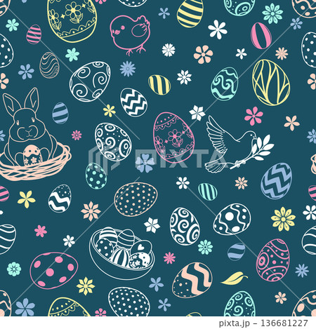 Easter eggs and flowers on blue. Easter eggs and flowers on blue. 136681227