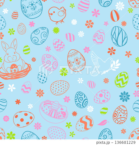 Easter eggs and bunnies on blue background. 136681229