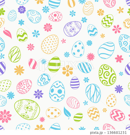 Easter eggs and flowers pattern. 136681231