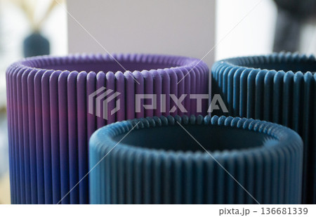 Art form printed on 3D printer from plastic. Art shape made using 3D printing from filament. Additive manufacturing. Layer-by-layer application of material. 3D printing technologies. FDM technology 136681339