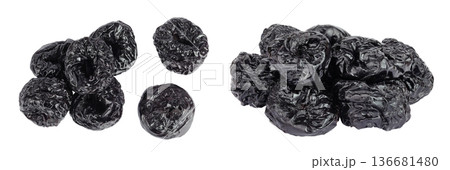 Prunes isolated on white background, heap of dried plums. Top view. Flat lay 136681480