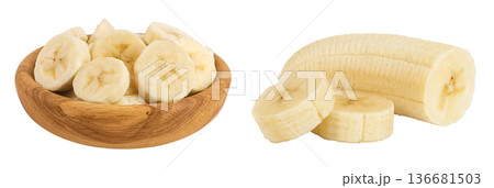 peeled banana pieces in wooden bowl isolated on white background 136681503