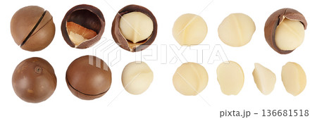 macadamia nuts isolated on white background with full depth of field. Top view. Flat lay. Set or collection 136681518