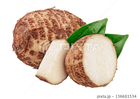 fresh taro root half with leaf isolated on white background fresh taro root half with leaf isolated on white background 136681534