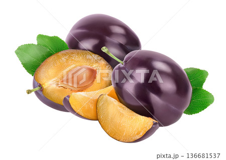 fresh purple plum and slices with leaves isolated on white background with full depth of field fresh purple plum and slices with leaves isolated on white background with full depth of field 136681537