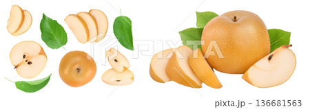 Fresh asian pear isolated on white background. Top view. Flat lay. Set or collection Fresh asian pear isolated on white background. Top view. Flat lay. Set or collection 136681563