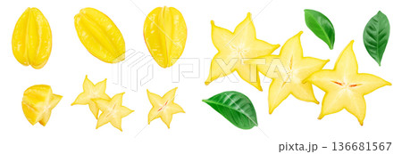 Carambola or star-fruit isolated on white background. Top view. Flat lay. Set or collection 136681567