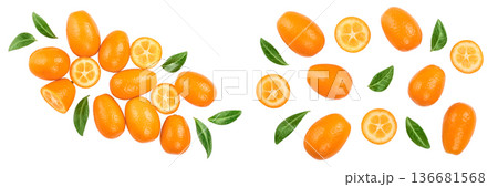 Cumquat or kumquat with half isolated on white background. Top view. Flat lay 136681568