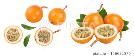 Granadilla or yellow passion fruit with leaf isolated on white background. Top view. Flat lay 136681570