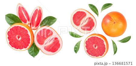 Grapefruit and slices with leaves isolated on white background. Top view. Flat lay 136681571