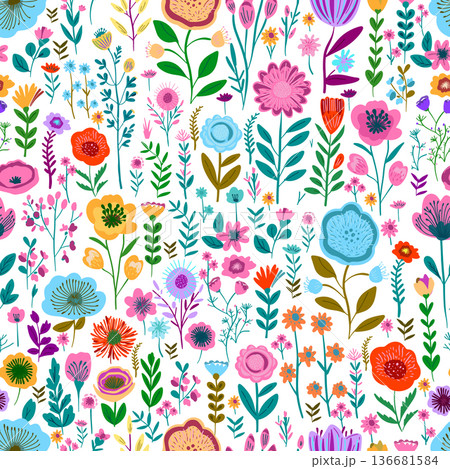 Seamless pattern beautiful simple flowers. Small colorful flowers. hand drawn. Not AI. Vector illustration Seamless pattern beautiful simple flowers. Small colorful flowers. hand drawn. Not AI. Vector illustration 136681584