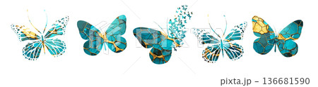 A set of beautiful blue and gold butterflies . Hand drawn. Not AI, vector illustration. 136681590