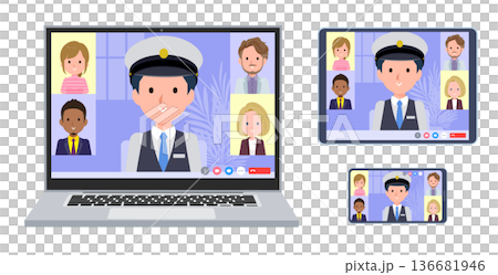 オンラインミーティングをしている運転手男性のセット 136681946