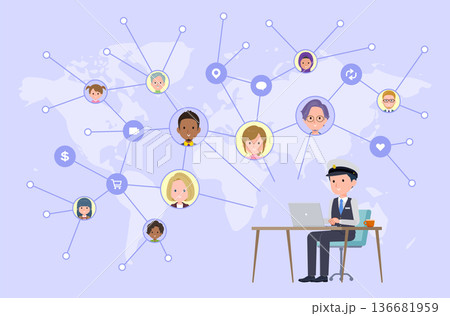 PCを操作してソーシャルメディアで情報を発信している運転手男性のセット 136681959