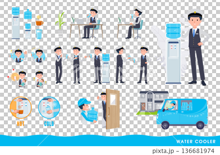 一組水務服務生和男性司機的形象。易於編輯的向量圖。 136681974