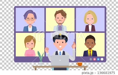 複数人でオンライン会議をしている運転手男性のセット。正面アングル 136681975