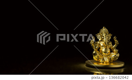 Golden Ganesha Statue on Dark Background 3d render. Golden Ganesha Statue on Dark Background 3d render. 136682042