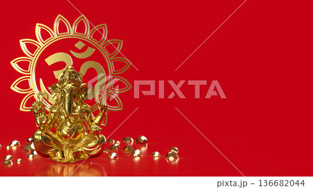 Golden Ganesha with Om Symbol on Red 3d render. Golden Ganesha with Om Symbol on Red 3d render. 136682044