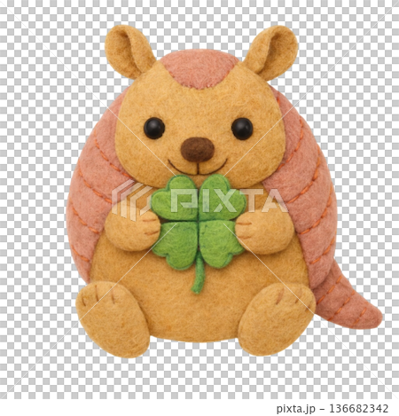 用毛氈繪製的犰狳插圖，一隻犰狳手裡拿著一株三葉草。 136682342