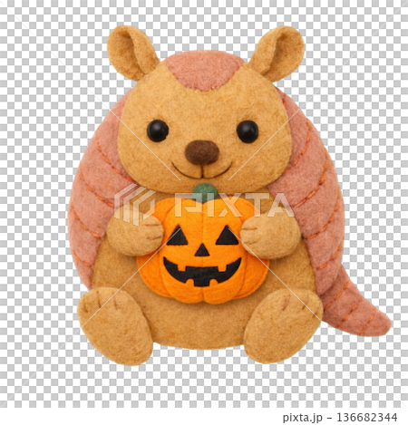 【萬聖節】一隻犰狳拿著一個毛氈南瓜燈的插圖 【萬聖節】一隻犰狳拿著一個毛氈南瓜燈的插圖 136682344