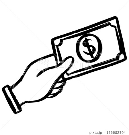 Hand Holding Dollar Banknote Icon Illustration in Sketch Style 136682594