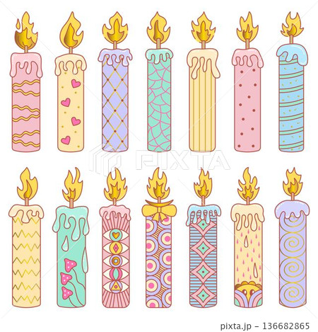 Colorful long candles with abstract geometric and psychedelic patterns. Various color high candles with melted wax and flame. Big sign vector set. Cozy candlelight atmosphere cliparts 136682865