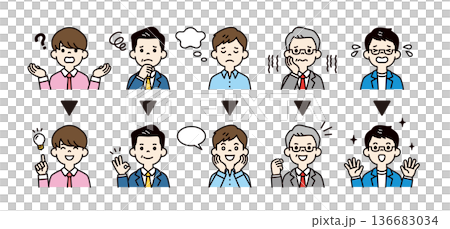 一套圖示插圖素材,包含不同年齡層商人解決問題時的臉部表情和姿勢。 一套圖示插圖素材,包含不同年齡層商人解決問題時的臉部表情和姿勢。 136683034