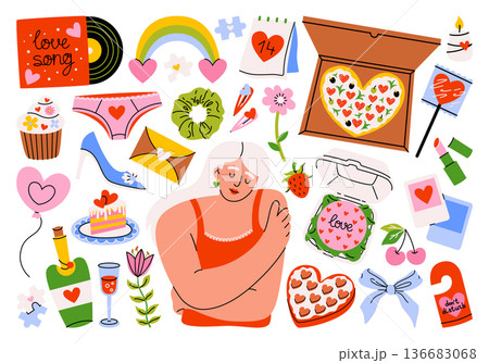 Cartoon set of romantic stickers and illustration for Valentine's Day, celebrating, weddings, feasts. Self-love, infatuation, passion. Cute girl and girly items, heart, cupcake, love letter, lipstick. 136683068
