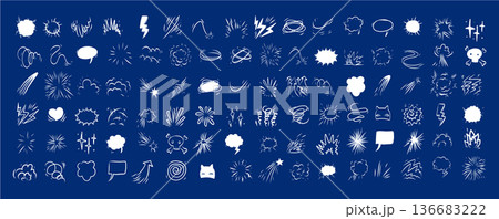 Comic effect manga elements set with white line icons on blue background. Glowing doodle bursts, clouds, motion  136683222