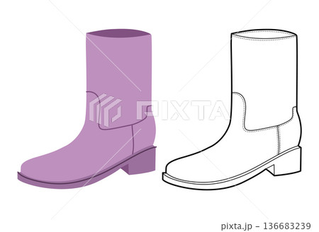 Purple ankle boot women color plus line set. Straight shaft mid heel boot for fashion guide chart and branding project 136683239