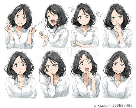 悩む若い女性の表情セット　漫画風イラスト　白背景 136683486