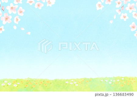 青空と草原と桜の爽やかな風景イラスト 136683490