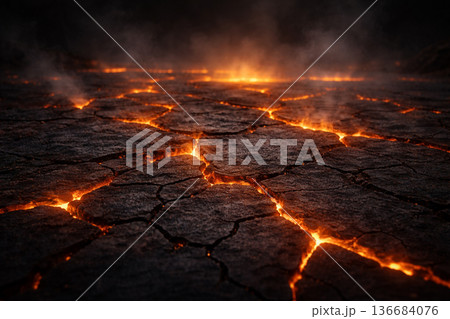 AI generated dark cracked earth with glowing lava fissures heat haze and smoke conveying danger destruction dystopian volcanic aftermath with clean copy space 136684076